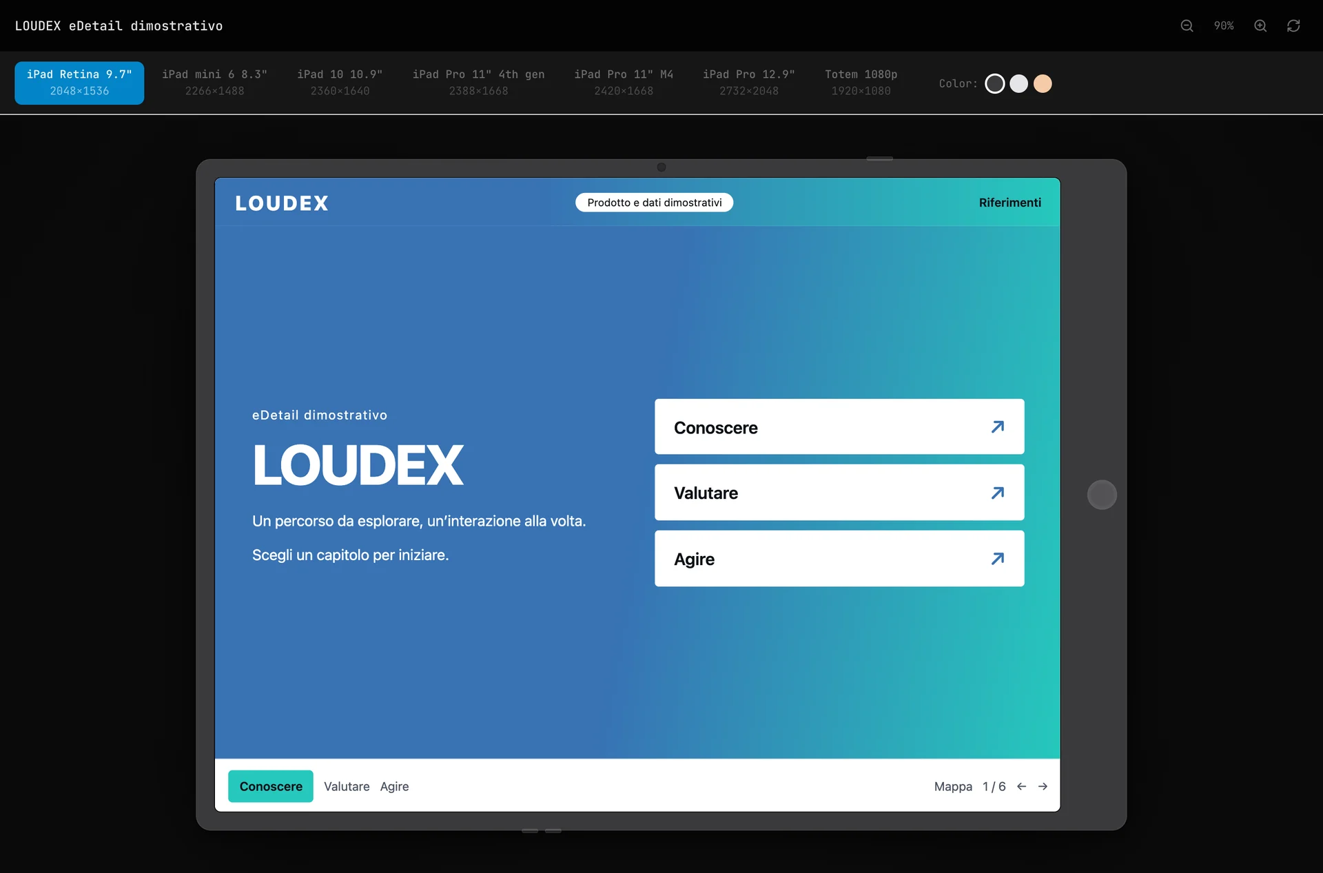 Il simulatore di LOUD: un eDetail dimostrativo dentro un iPad, con la scelta del modello