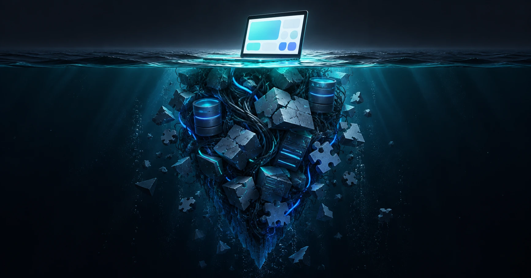 Un portatile acceso galleggia sul mare come la punta di un iceberg; sotto la superficie, un groviglio di cavi, blocchi incrinati, database e pezzi di puzzle